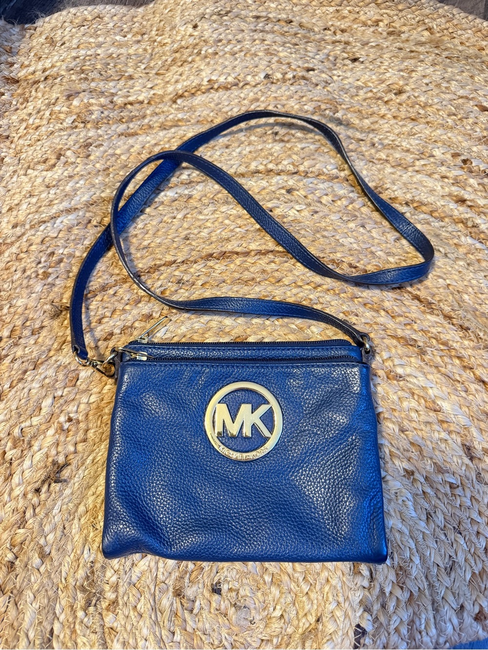 Michael Kors Navy Leather Crossbody with Gold MK Emblem